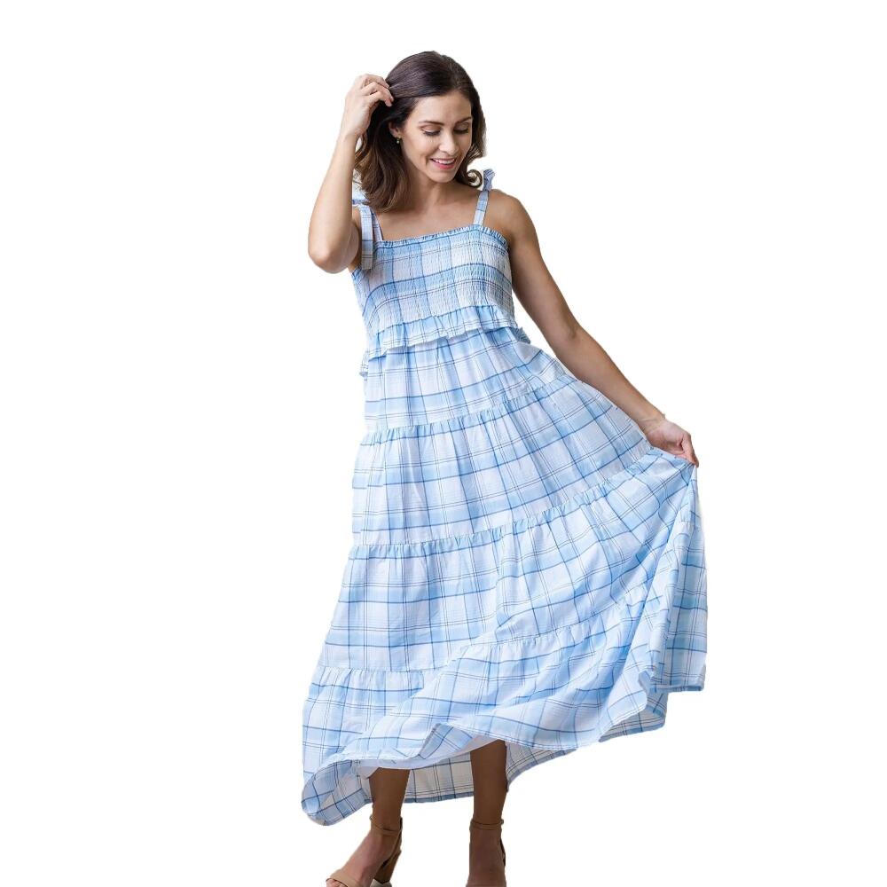 Hope & Henry Womens' Smocked Tiered Dress in Classic Blue Tonal Plaid Cover