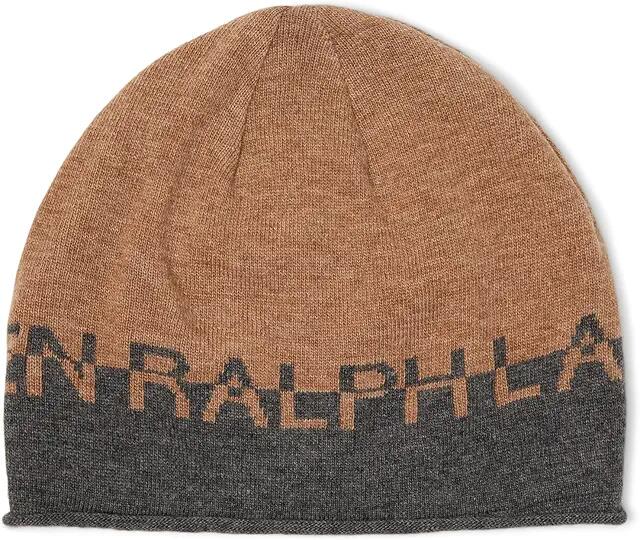 LAUREN Ralph Lauren Logo Block Slouchy Hat (Medium Grey Heather/Camel) Caps Cover