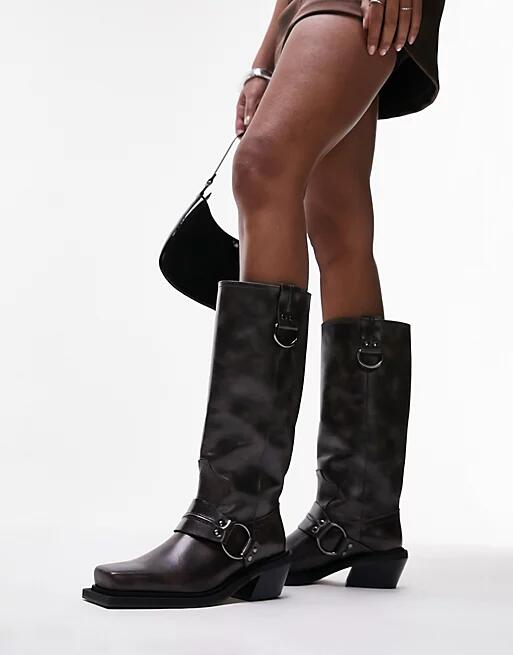 Topshop Rain premium leather western knee boots in tan-Brown Cover