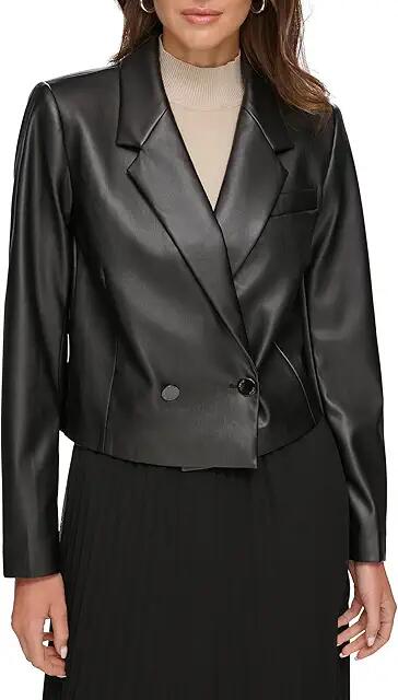 DKNY Long Sleeve Crop Vegan Leather Blazer (Black) Women's Clothing Cover