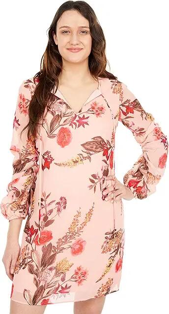 Vince Camuto Printed Chiffon Float with Self Cording and Ruched Sleeve (Blush) Women's Dress Cover