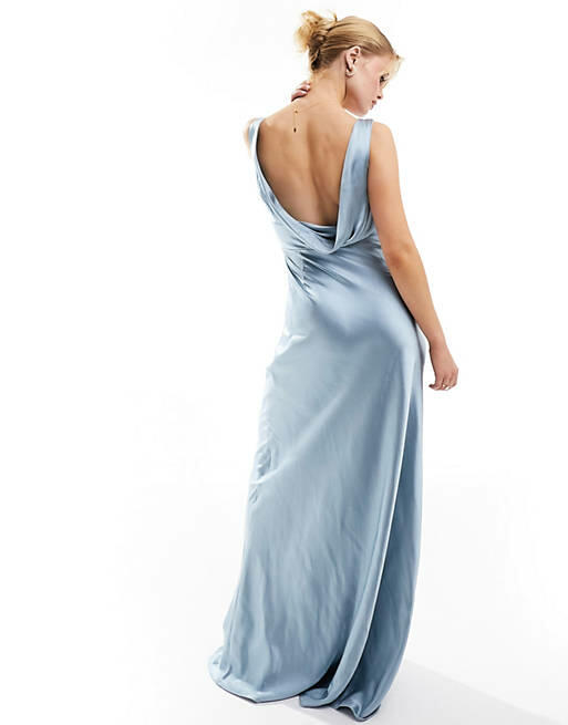 Six Stories Bridesmaids cowl back satin maxi dress in dusty blue Cover