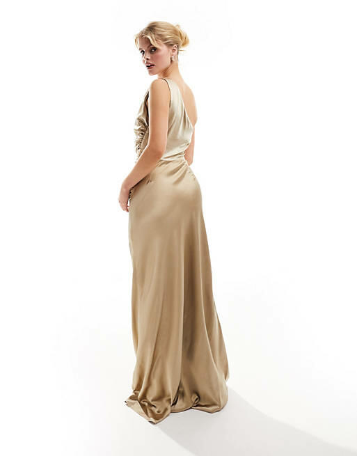 Six Stories Bridesmaids one shoulder satin maxi dress in champagne-Gold Cover