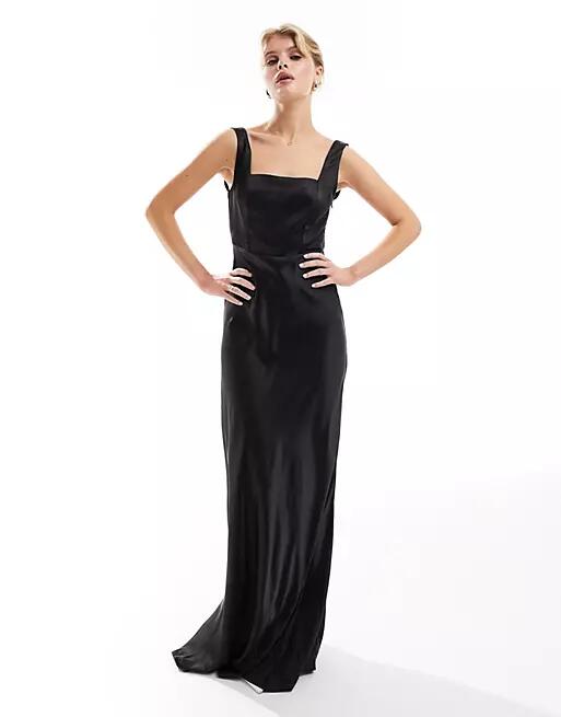 Six Stories Bridesmaid square neck satin maxi dress in black Cover