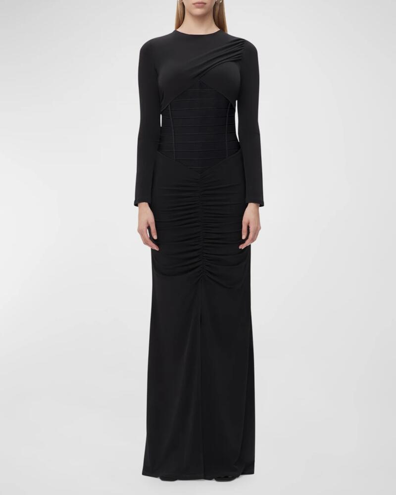 Herve Leger Roxana Long-Sleeve Ruched Slit Gown Cover