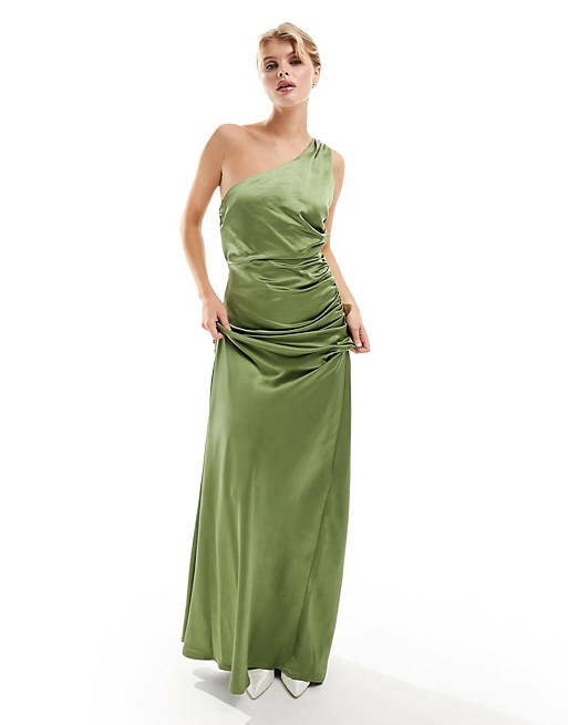 Six Stories Bridesmaids one shoulder satin maxi dress in moss green Cover