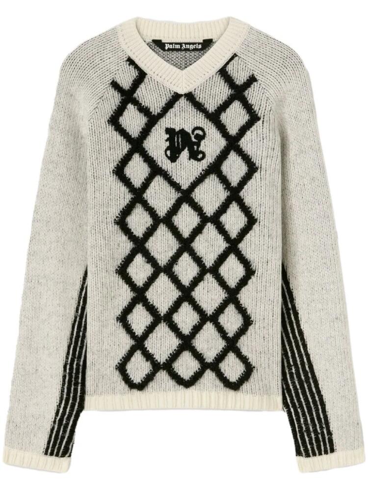 Palm Angels logo-embroidered argyle jumper - White Cover