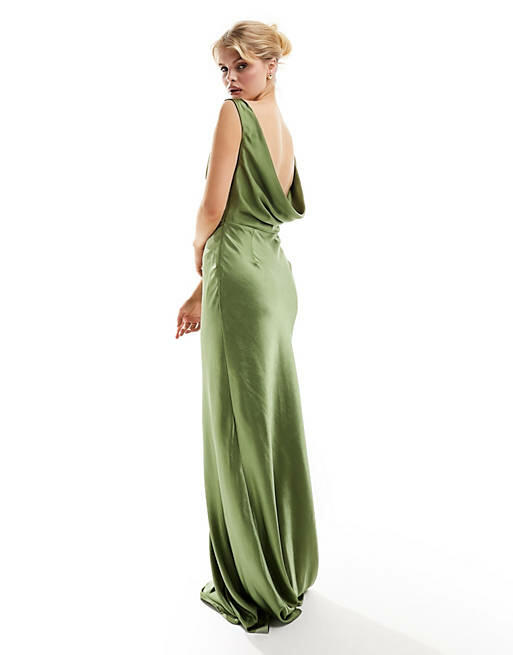 Six Stories Bridesmaids cowl back satin maxi dress in moss green Cover