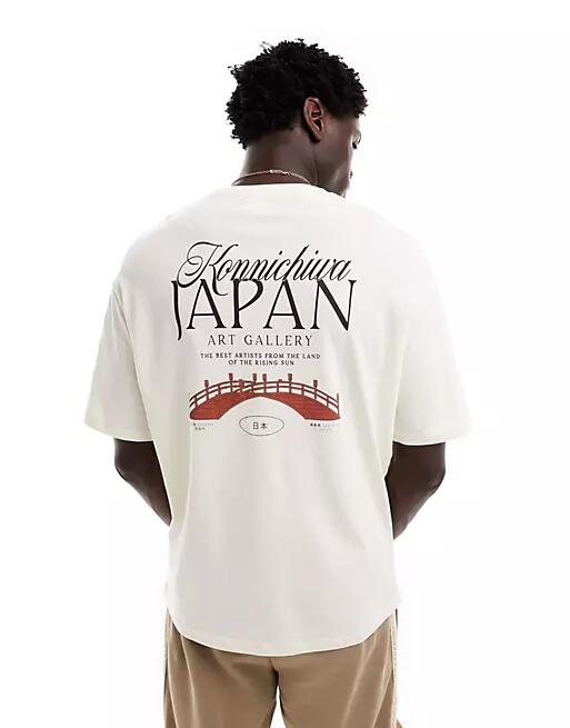 Selected Homme oversized T-shirt with japan art gallery backprint in cream-White Cover