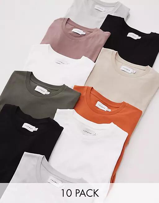 Topman 10 pack regular essentials t-shirt in black, white, light gray, stone, rust, mink and khaki-Multi Cover