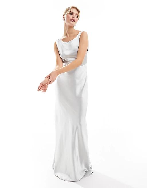 Six Stories Bridesmaids cowl back satin maxi dress in silver Cover