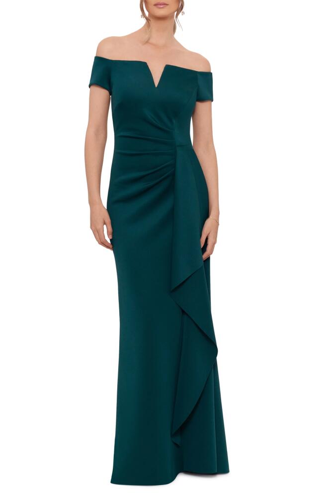 Xscape Evenings Off the Shoulder Scuba Crepe Gown in Hunter Cover