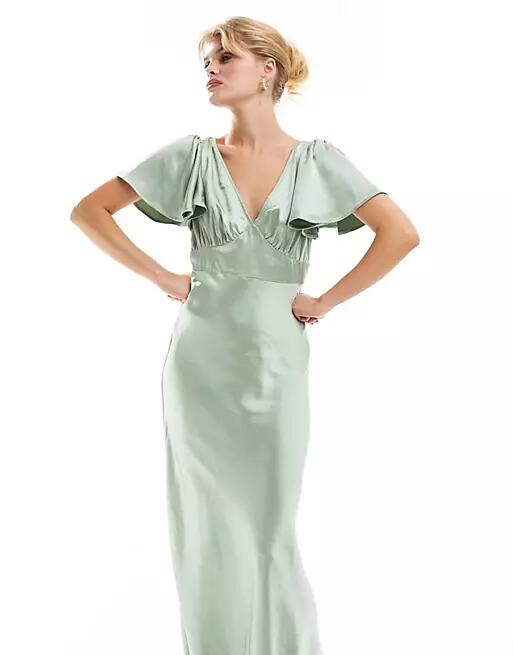 Six Stories Bridesmaid flutter sleeve satin maxi dress in sage-Green Cover