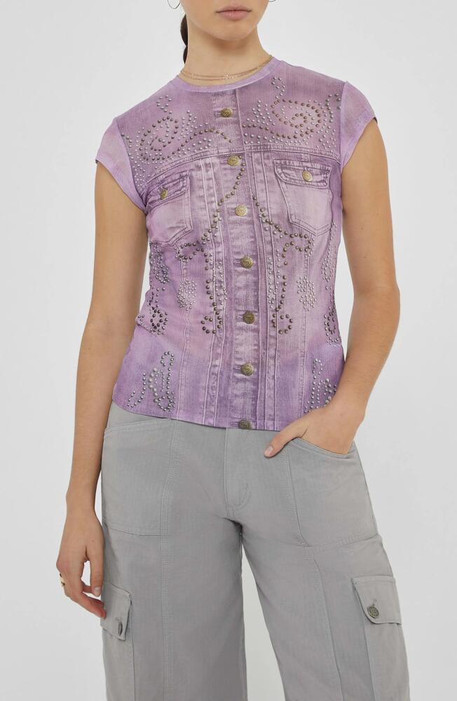 GUESS Studded Denim Trompe l'Oeil Mesh Graphic T-Shirt in Lux Orchid Multi Cover