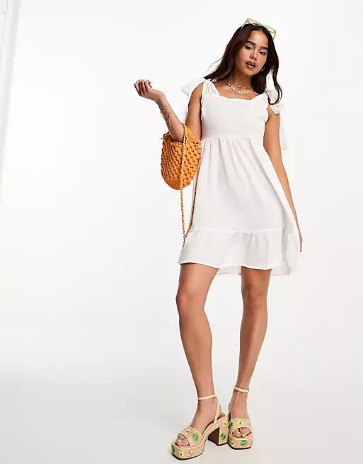 Vero Moda tie shoulder mini dress in white Cover