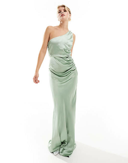 Six Stories Bridesmaids one shoulder satin maxi dress in sage-Green Cover