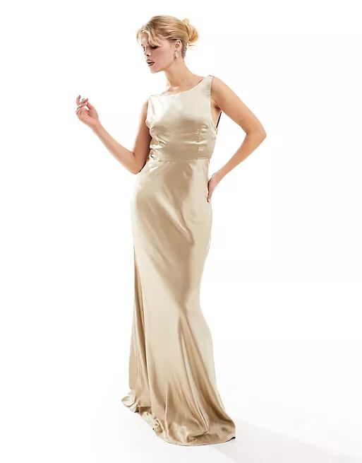 Six Stories Bridesmaids cowl back satin maxi dress in champagne-Gold Cover