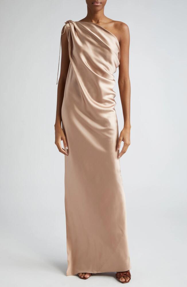 Max Mara Opera Draped One-Shoulder Silk Satin Gown in Bronze Cover