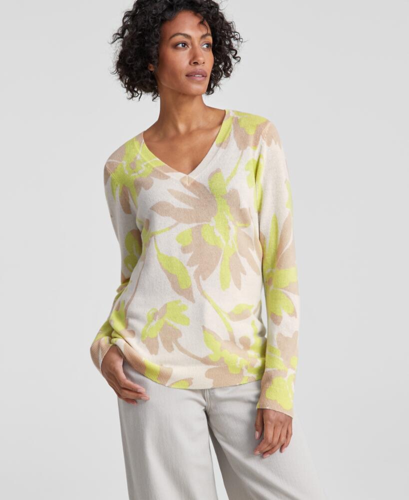 Charter Club Women's 100% Cashmere Floral Burst V-Neck Sweater, Created for Macy's - Vanilla Ice Combo Cover