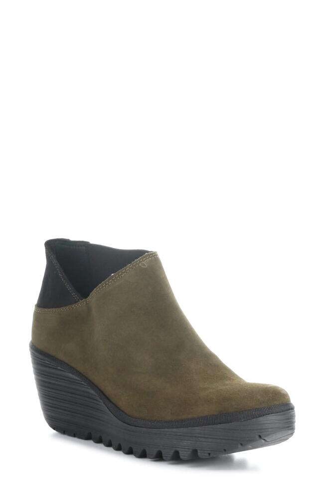 Fly London Yego Wedge Bootie in 009 Sludge/Black Cover