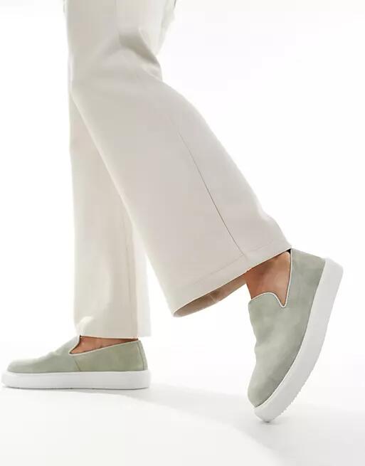 Walk London Robbie Weave Slip Ons In Green Suede Cover