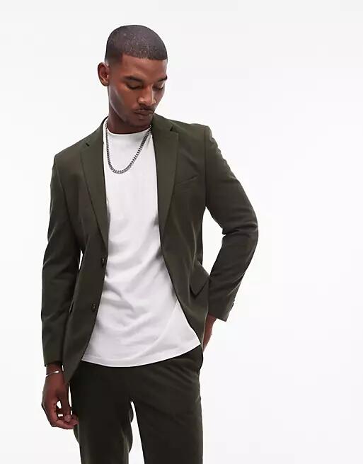 Topman slim suit jacket in khaki-Green Cover