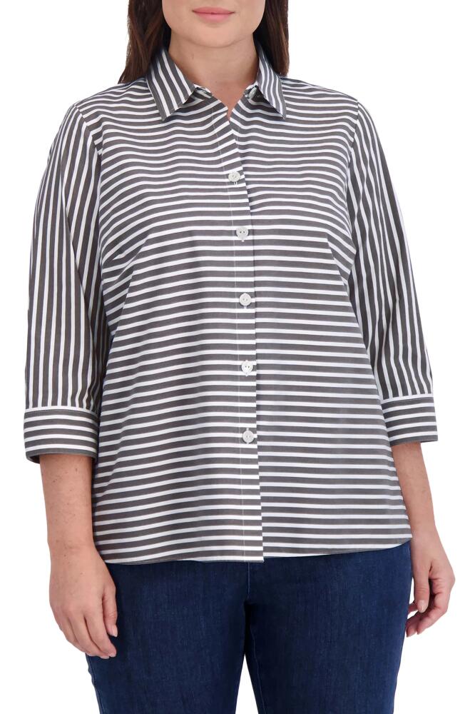 Foxcroft Kelly Stripe Cotton Blend Button-Up Shirt in Black Cover