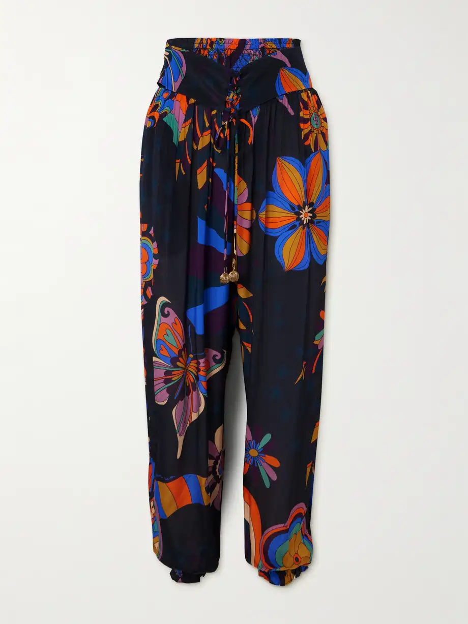 Farm Rio - Floral-print Satin Tapered Pants - Black Cover