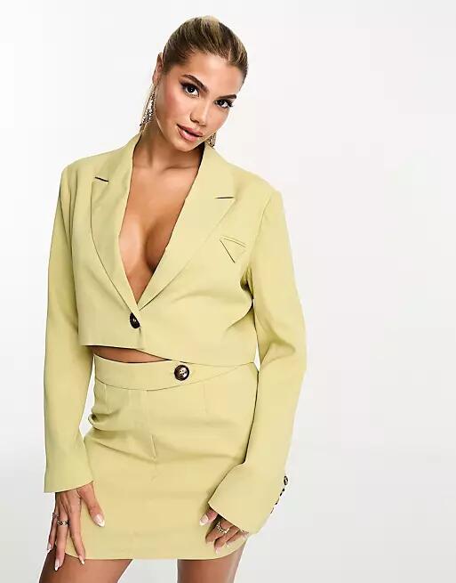 Kaiia cropped tailored blazer in pale lime - part of a set-Green Cover