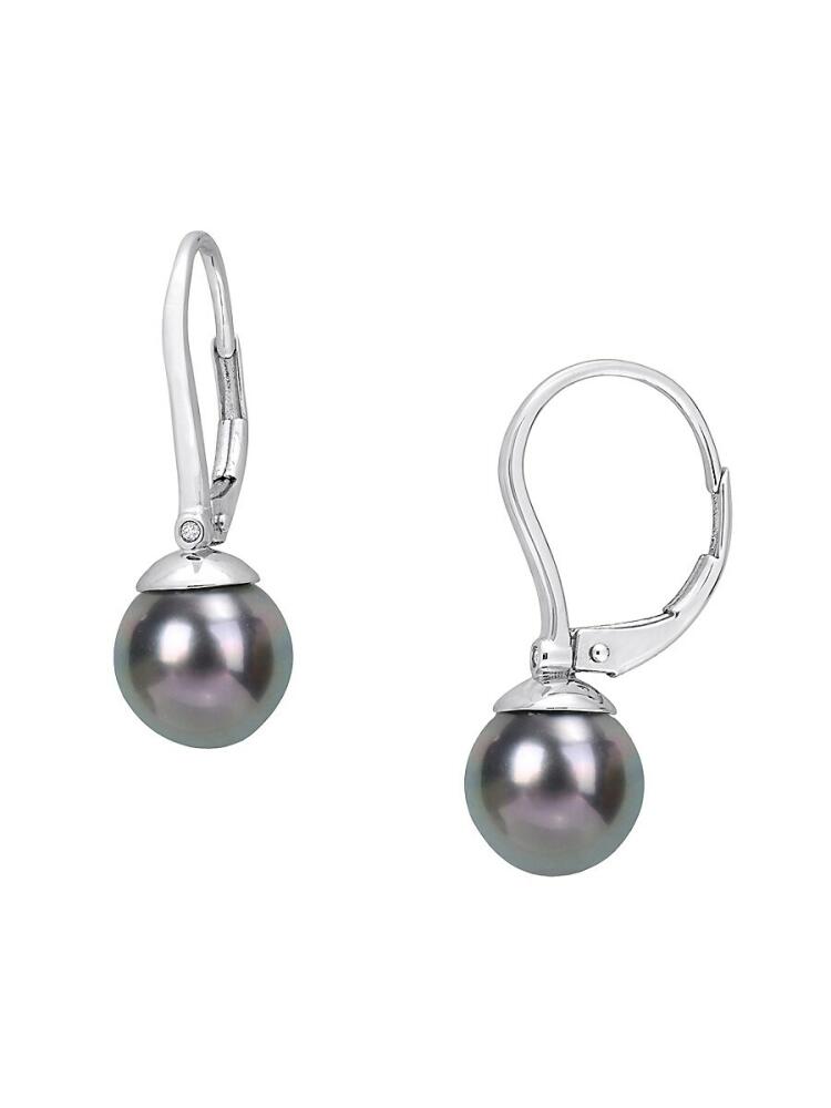 Sonatina Women's 14K White Gold & 8-8.5MM Black Tahitian Pearl & Diamond Drop Earrings Cover