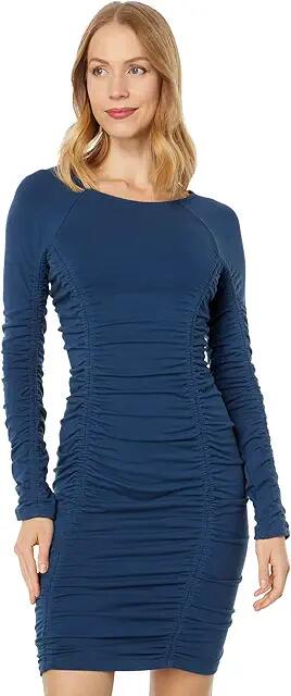 MONROW Long Sleeve Shirred Dress (French Navy) Women's Clothing Cover