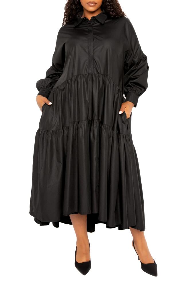 BUXOM COUTURE Long Sleeve Tiered Cotton Blend Shirtdress in Black Cover