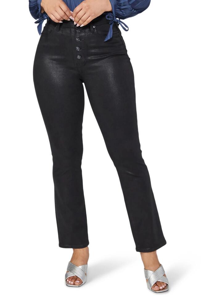 PAIGE Flaunt Accent Curvy Exposed Button Straight Leg Jeans in Black Fog Luxe Coating Cover