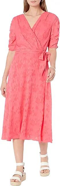 DKNY Ruched Sleeve V-Neck Faux Wrap (Melon) Women's Clothing Cover