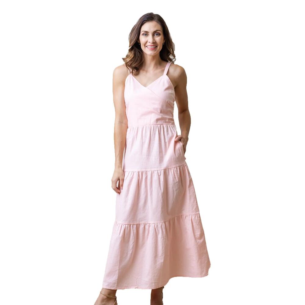 Hope & Henry Womens' Sleeveless Tiered Wrap Dress, Womens in Ballet Pink Linen Cover