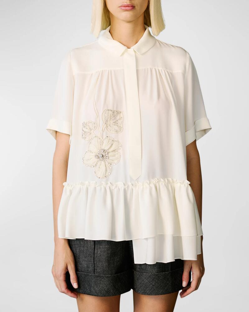 Dice Kayek Flower Embellished Ruffle Short-Sleeve Collared Shirt Cover