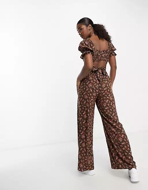 Miss Selfridge tie back wide leg jumpsuit in brown animal ditsy-Multi Cover