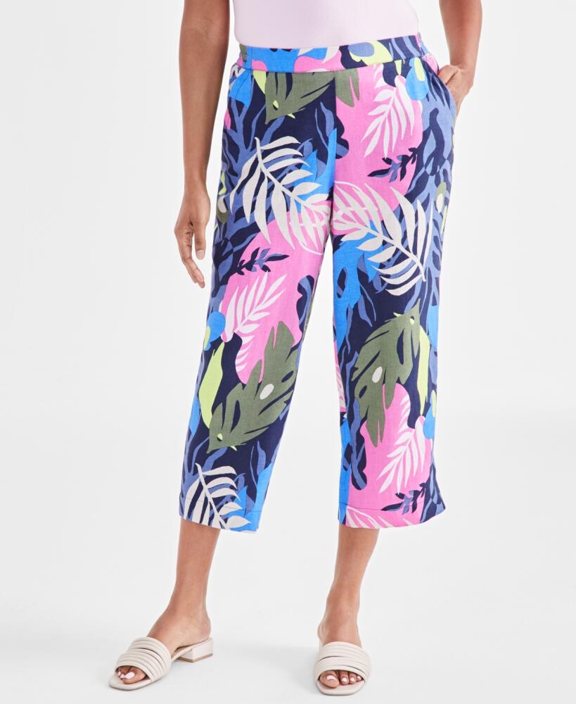 Charter Club Petite 100% Linen Palm Print High Rise Cropped Pants, Created for Macy's - Intrepid Blue Combo Cover