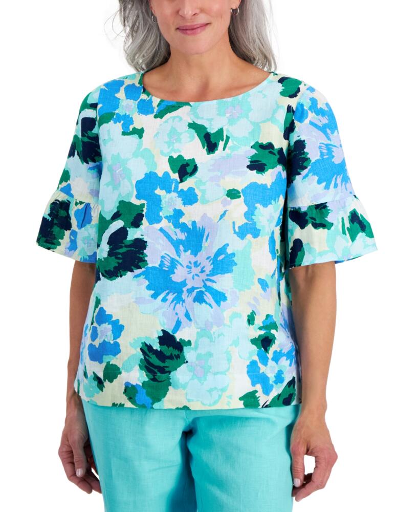 Charter Club Petite 100% Linen Print Ruffle-Sleeve Top, Created for Macy's - Light Pool Blue Combo Cover