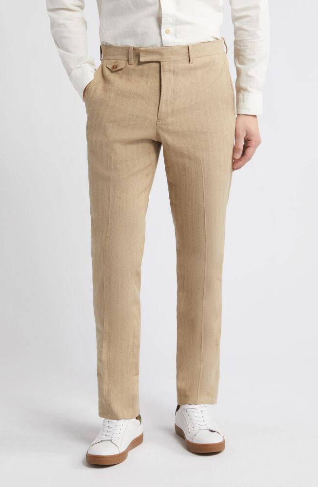 Billy Reid Flat Front Linen Blend Dress Pants in Tan Herringbone Cover