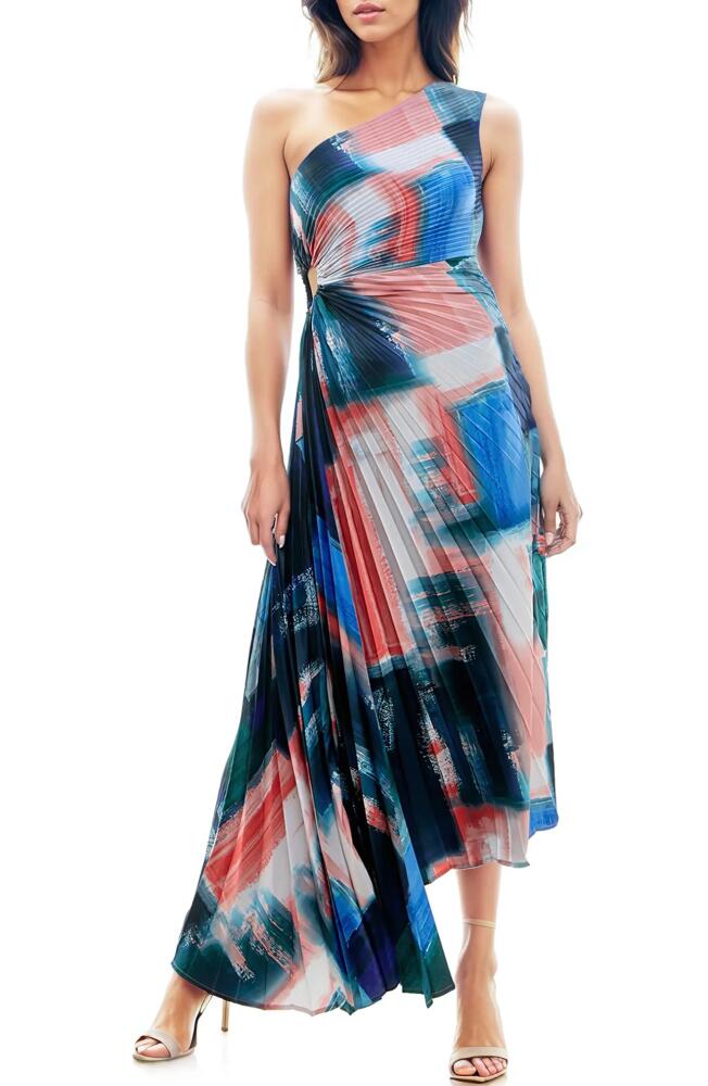 Socialite Print Asymmetric Hem Pleated Maxi Dress in Navy Abstract Colorblock Cover