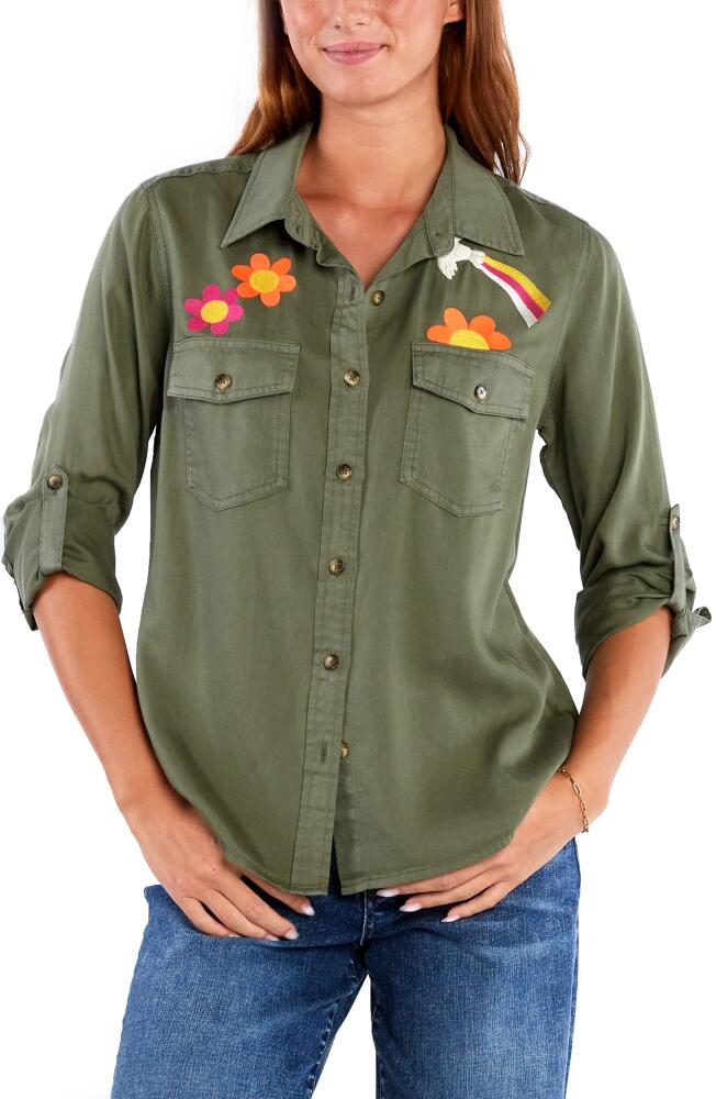 Billy T Peace & Love Embroidered Button-Up Shirt in Soft Olive Cover