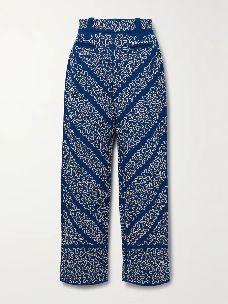 BODE - Bombora Cropped Embroidered Wool-blend Wide-leg Pants - Blue Cover