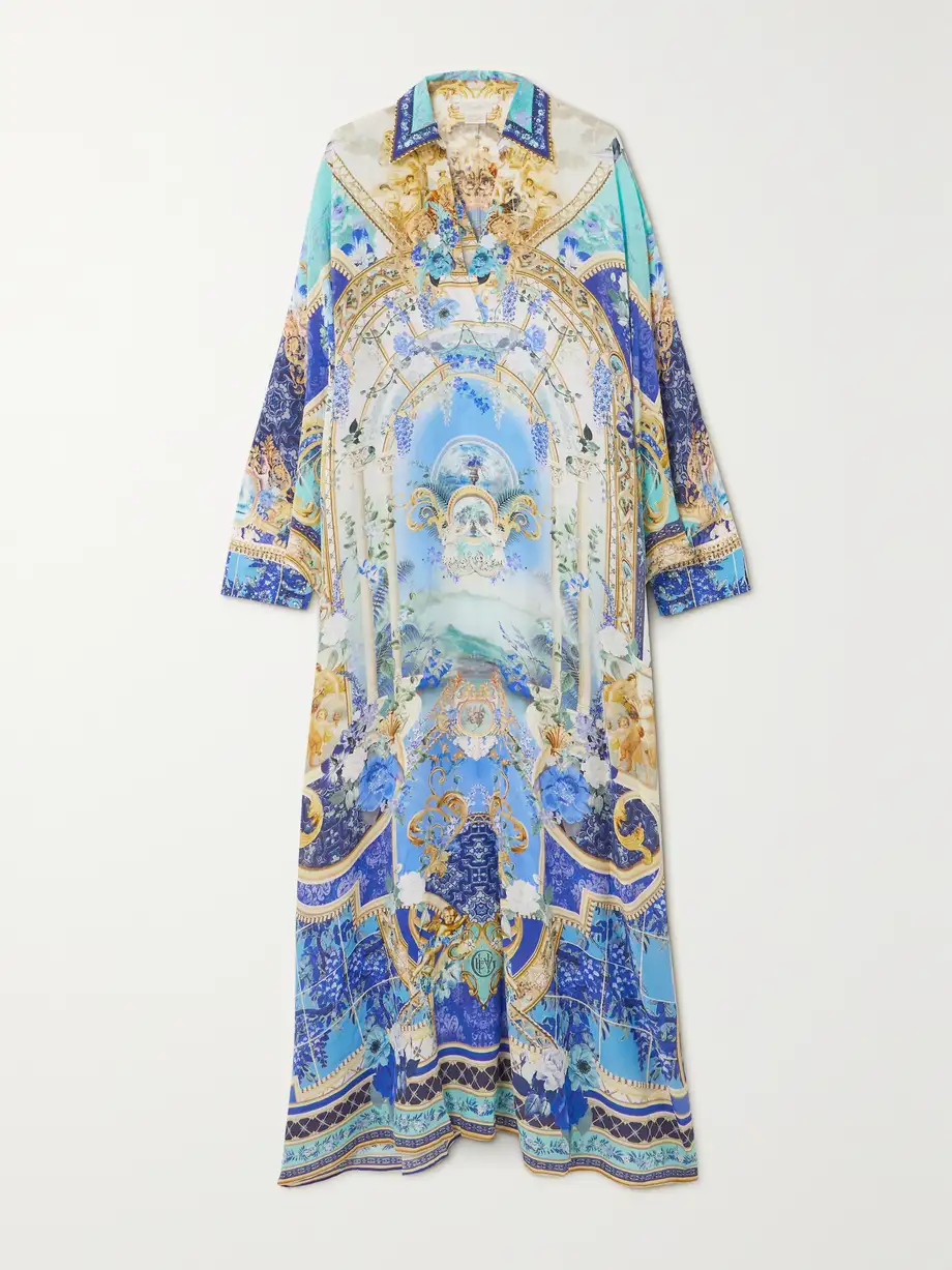 Camilla - Crystal-embellished Printed Silk-georgette Kaftan - Blue Cover