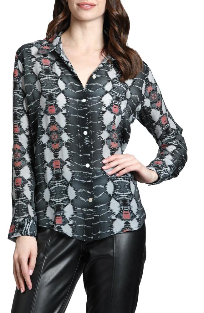 APNY Abstract Print Roll Tab Sleeve Chiffon Button-Up Shirt in Black Multi Cover