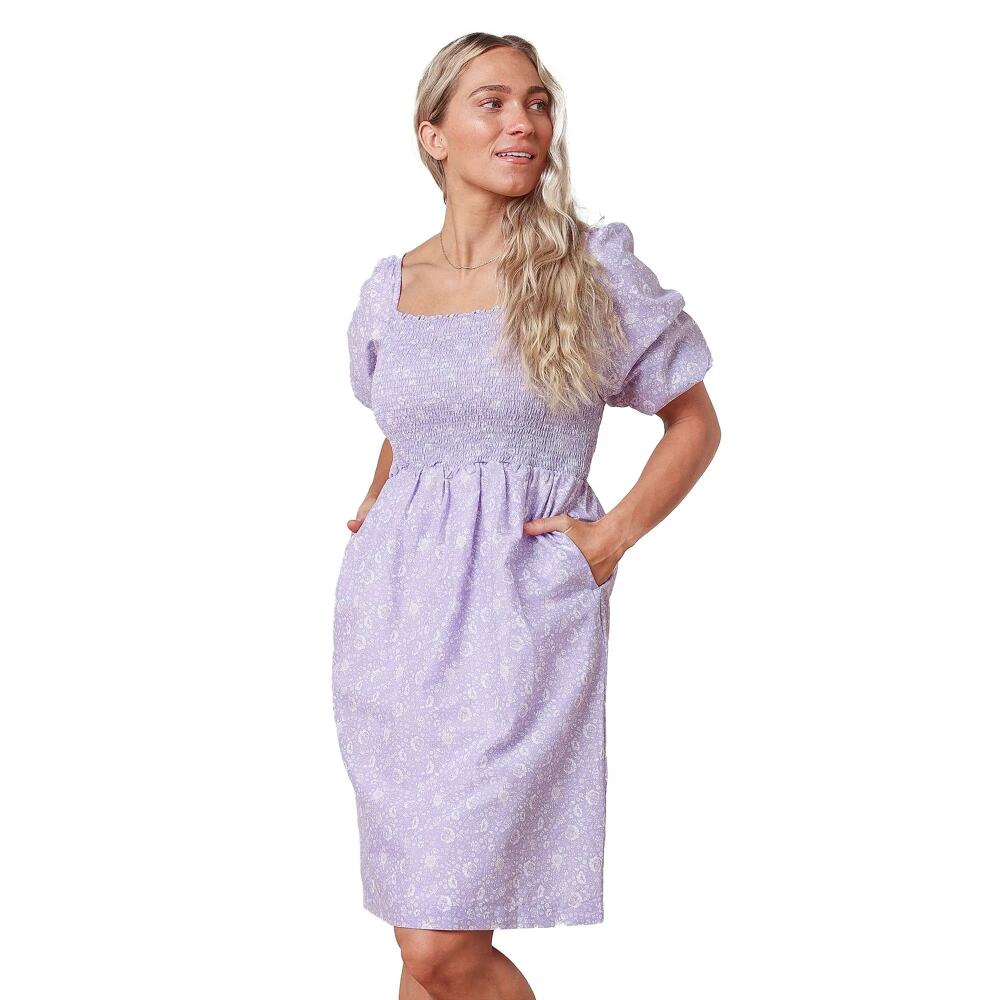 Hope & Henry Womens' Bubble Sleeve Smocked Bodice Dress in Lavender Field Floral Cover