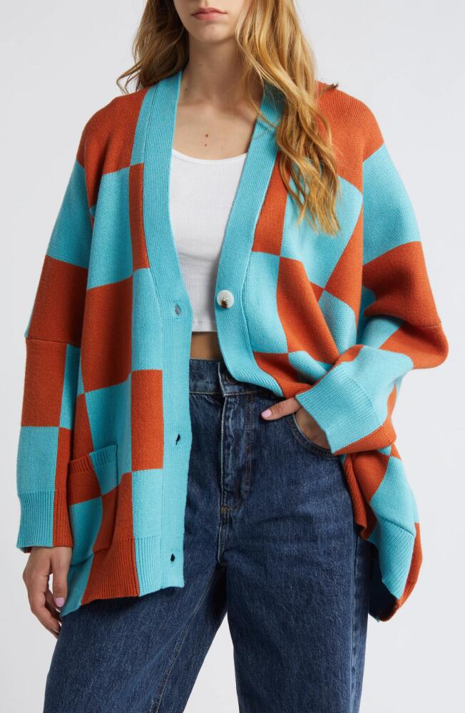 Dressed in Lala Love You Oversize Cardigan in Blue Orange Checkerboard Cover