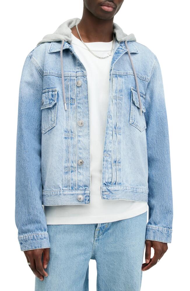 AllSaints Spirit Denim Jacket with Removable Jersey Hood in Indigo Blue Cover