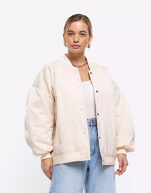 River Island Petite bomber jacket in light stone-Neutral Cover