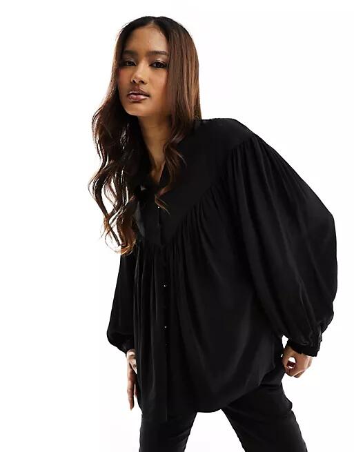 & Other Stories volume sleeve smocked blouse with frill neck in black Cover